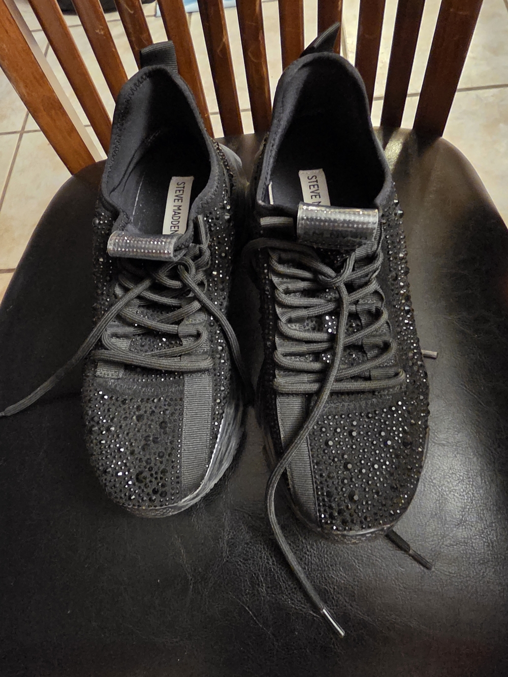 Steve Madden Womens Black Crystal-Embellished Knit Sneakers